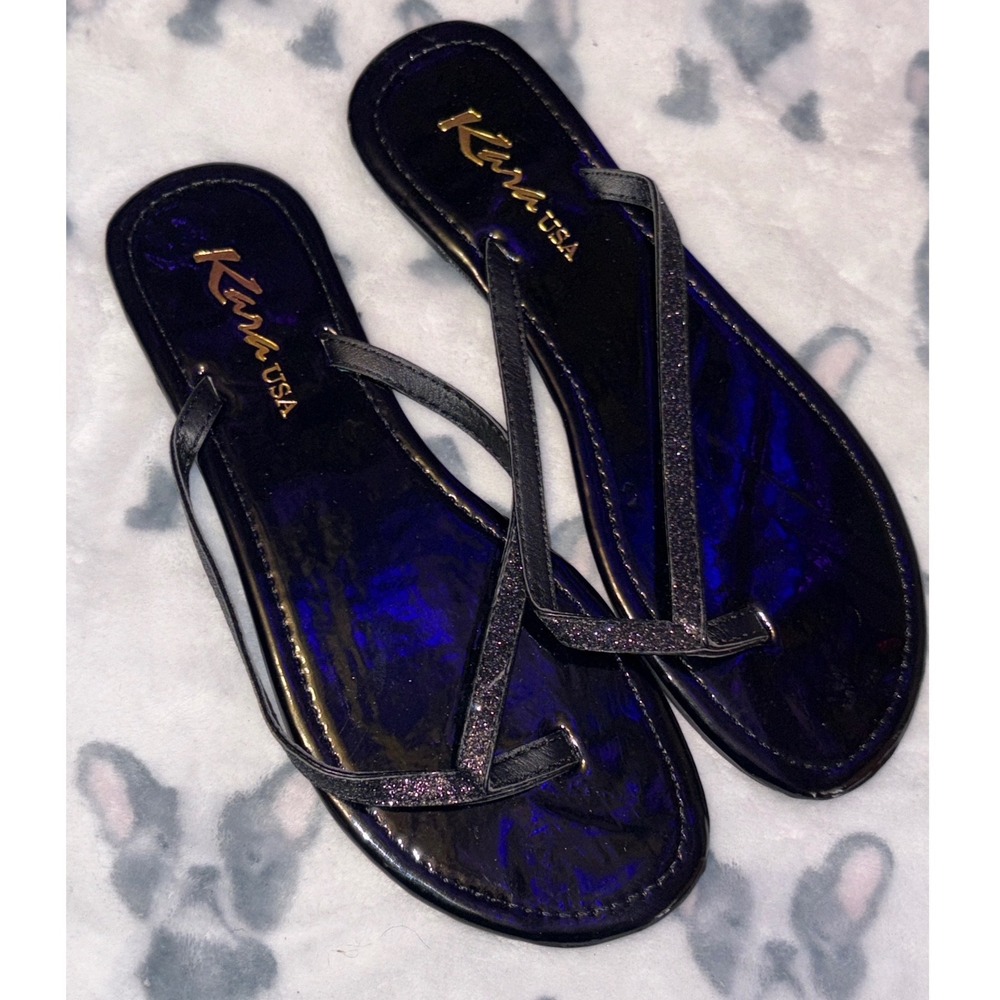 Kimon USA Women's Black Glitter Thong Flip Flop Sandals , Size 6